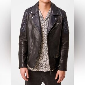 French Connection Black and Blue Quilted Leather Biker Jacket M